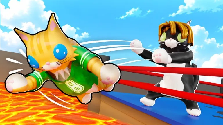 Official art of an orange cat in a green jersey knocked past red ring ropes toward lava while a black-and-white cat punches.